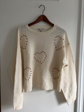 Love Tree Cream Crewneck Sweater with Red Stud Hearts